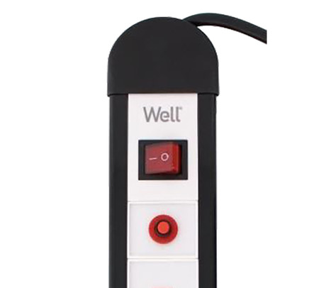 EXTS-6S3M-PROT-02-WL električni podaljšek s prenapetostno zaščito, 6x SCHUKO, 16A, 3500W, črno-bel
