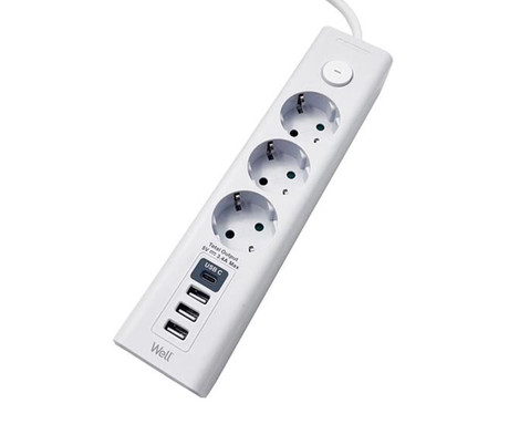 WELL EXTS-3S3M-USBC4 električni podaljšek, 3x SCHUKO, 3x USB Type-A, 1x USB Type-C, 220-250V 16A, 3m kabel, gumb za vklop/izklop, IP20 odpornost, bel