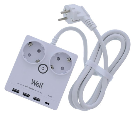 EXTS-2S2M-USBC4-WL električni podaljšek s prenapetostno zaščito, 2x SCHUKO, 3x USB Type-A, 1x USB Type-C, 16A, 3680W, bel