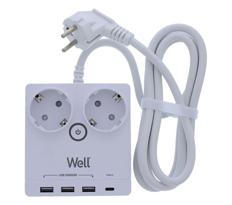 EXTS-2S2M-USBC4-WL električni podaljšek s prenapetostno zaščito, 2x SCHUKO, 3x USB Type-A, 1x USB Type-C, 16A, 3680W, bel