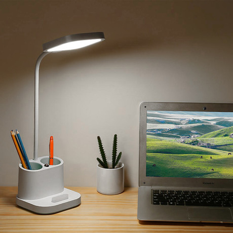 PDL008 namizna LED svetilka, 5v1, nastavljiva svetlost, posodica za pisala, stojalo za telefon, polnjenje naprav, nočna svetilka, polnilna baterija, nastavljiv vrat, bela