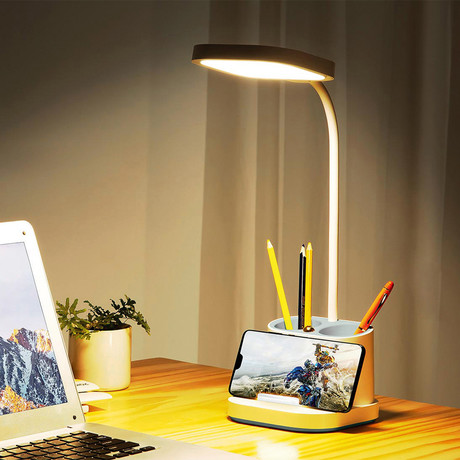 PDL008 namizna LED svetilka, 5v1, nastavljiva svetlost, posodica za pisala, stojalo za telefon, polnjenje naprav, nočna svetilka, polnilna baterija, nastavljiv vrat, bela