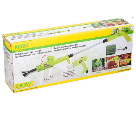 KINZO Garden 3v1 električni gorilnik za uničevanje plevela, 2000W, 550L/min, do 360°C, 100cm kabel, priloženi nastavki, 106x16x9cm, zelen