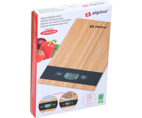 ALPINA digitalna kuhinjska tehtnica, max 5kg, LCD zaslon, funkcija TARA, samodejni izklop, bambus, rjava, črna
