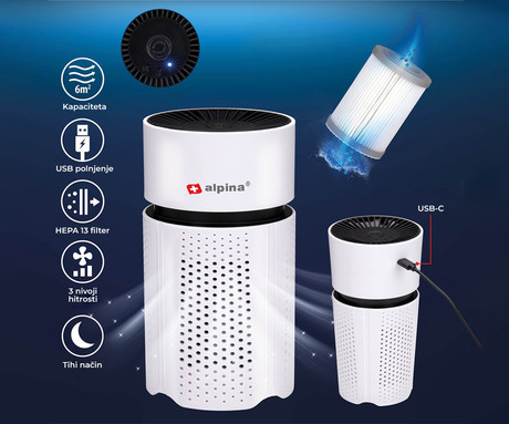 ALPINA čistilec zraka, filter HEPA 13, ionizator, do 6 m2, 3 nivoji, tihi način, vhod USB-C, bel