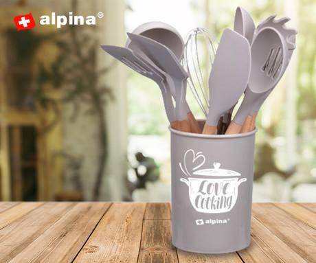 ALPINA komplet 12 kuhinjskih pripomočkov, 12 kos, silikon, lesen ročaj, + držalo, bež