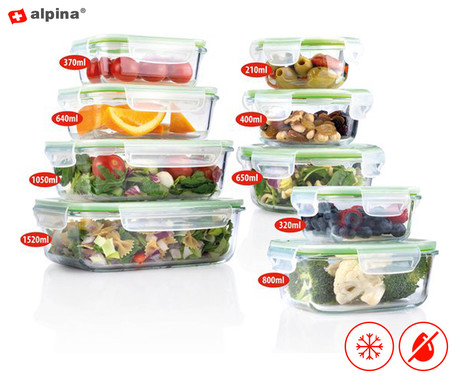 ALPINA komplet posod za shranjevanje živil in hrane, 9x posoda, steklo, odpornost na mraz in vročino, nepropustnost