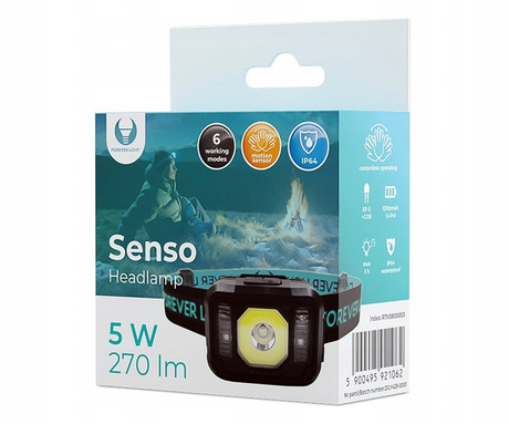 SENSO naglavna LED svetilka, 3W, 270 lumnov, 4 načini svetenja, polnilna baterija, upravljanje z gestami, senzor gibanja, IP64 vodoodpornost, črna