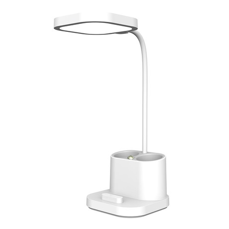 PDL008 namizna LED svetilka, 5v1, nastavljiva svetlost, posodica za pisala, stojalo za telefon, polnjenje naprav, nočna svetilka, polnilna baterija, nastavljiv vrat, bela
