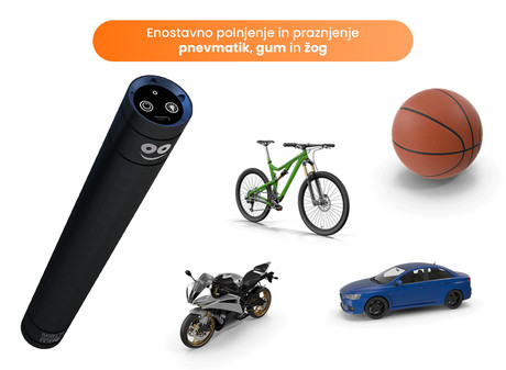 EOL - COOLADO tPump P prenosna brezžična tlačilka, za kolesa / gume / žoge / igrače, baterija, različni nastavki, LED luč, etui, črna