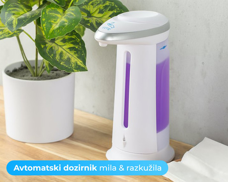 EOL - Avtomatski dozirnik mila ali razkužila s senzorjem, LED osvetlitev, 330ml, 4x AAA baterije (priložene)