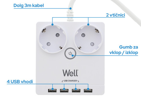 Prenapetostna zaščita WELL EXTS-2S3M, 2x vtičnica 230V + 4x USB, 16A, 3680W, 3m