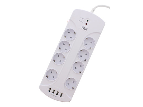 Prenapetostna zaščita WELL EXTS-8S3M, 8x vtičnica 230V + 4x USB, 16A, 3680W, 3m