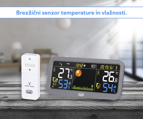 TREVI ME 3P20 RC brezžična vremenska postaja z zunanjim senzorjem, velik barvni zaslon, ura, alarm, barometer, siva