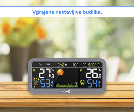 TREVI ME 3P20 RC brezžična vremenska postaja z zunanjim senzorjem, velik barvni zaslon, ura, alarm, barometer, siva