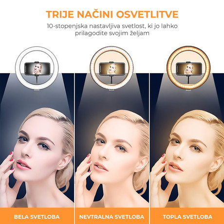 EOL - MANTA MRL003 Selfie Ring, premer 26cm, tripod stojalo do 210cm, držalo za telefon, nastavitev barve svetlobe in jakosti