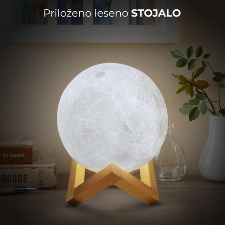 WELL namizna 3D MOON LED svetilka s spreminjanjem 7 barv na dotik (touch), leseno stojalo, na baterije, premer 15cm