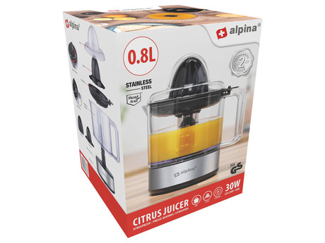 ALPINA ožemalnik citrusov / juicer, 30W, 800ml, 2 nastavka, 2 smeri delovanja, nerjaveče jeklo, 80cm kabel, črno srebrn