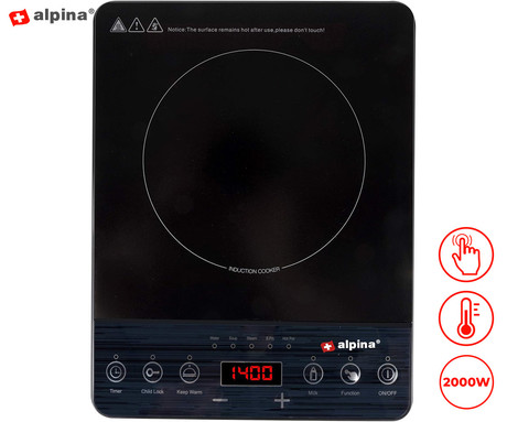 ALPINA prenosna indukcijska plošča, 2000W, nastavljiva temperatura, zaslon, gumbi za upravljanje, zaščita pred pregrevanjem, varnostno zaklepanje, samodejni izklop, črna