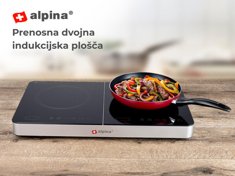 ALPINA prenosna indukcijska plošča, dvojna, 3500W, nastavljiva temperatura, zaslon, gumbi za upravljanje, zaščita pred pregrevanjem, varnostno zaklepanje, samodejni izklop, črna