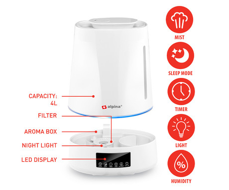 ALPINA vlažilec in osvežilec zraka, 4L, 25W, ultrasonični, 3 stopnje meglice, časovnik, LED osvetlitev, LED zaslon, + daljinski upravljalnik, bel