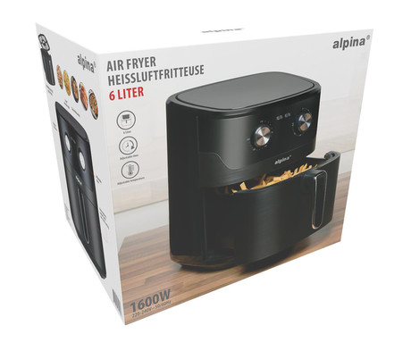 ALPINA XXL cvrtnik / friteza na vroč zrak, 6L, 1600W, analog, časovnik / timer, samodejni izklop, brez olja, 80% manj maščob, črna