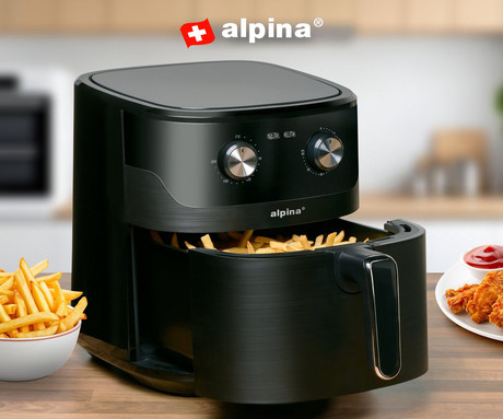 ALPINA XXL cvrtnik / friteza na vroč zrak, 6L, 1600W, analog, časovnik / timer, samodejni izklop, brez olja, 80% manj maščob, črna