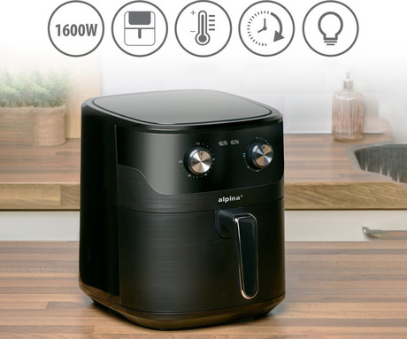 ALPINA XXL cvrtnik / friteza na vroč zrak, 6L, 1600W, analog, časovnik / timer, samodejni izklop, brez olja, 80% manj maščob, črna