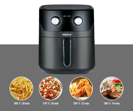 ALPINA XXL cvrtnik / friteza na vroč zrak, 6L, 1600W, analog, časovnik / timer, samodejni izklop, brez olja, 80% manj maščob, črna