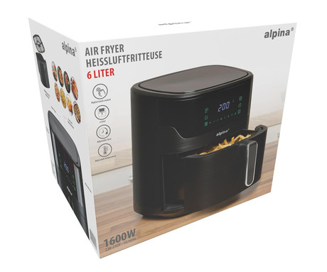 ALPINA XXL cvrtnik / friteza na vroč zrak, 6L, 1600W, digital, časovnik / timer, samodejni izklop, brez olja, 80% manj maščob, črna