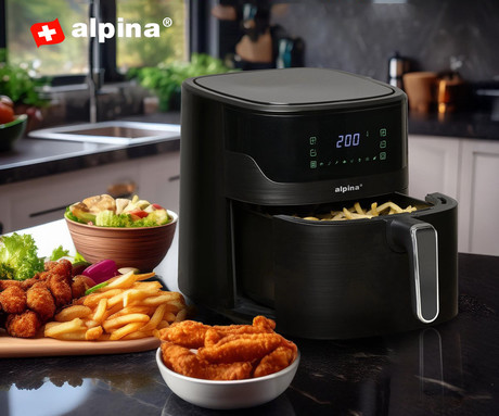 ALPINA XXL cvrtnik / friteza na vroč zrak, 6L, 1600W, digital, časovnik / timer, samodejni izklop, brez olja, 80% manj maščob, črna