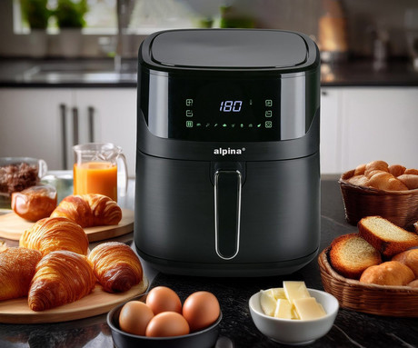 ALPINA XXL cvrtnik / friteza na vroč zrak, 6L, 1600W, digital, časovnik / timer, samodejni izklop, brez olja, 80% manj maščob, črna