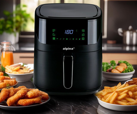 ALPINA XXL cvrtnik / friteza na vroč zrak, 6L, 1600W, digital, časovnik / timer, samodejni izklop, brez olja, 80% manj maščob, črna