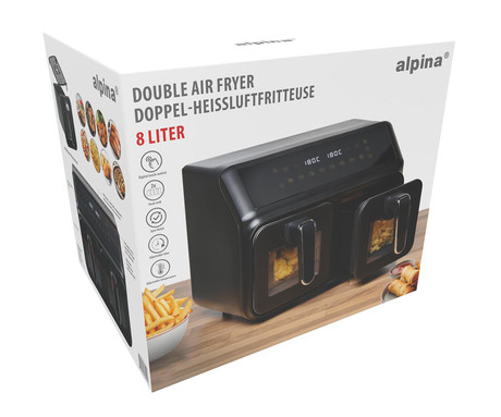 ALPINA DOUBLE XXL cvrtnik / friteza na vroč zrak, 8L, 2200W, 2x posoda, digital, časovnik / timer, sinhronizacija, samodejni izklop, brez olja, 80% manj maščob, črna