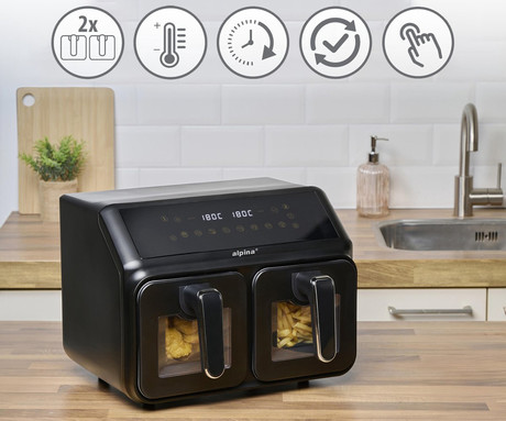 ALPINA DOUBLE XXL cvrtnik / friteza na vroč zrak, 8L, 2200W, 2x posoda, digital, časovnik / timer, sinhronizacija, samodejni izklop, brez olja, 80% manj maščob, črna