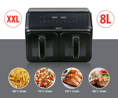 ALPINA DOUBLE XXL cvrtnik / friteza na vroč zrak, 8L, 2200W, 2x posoda, digital, časovnik / timer, sinhronizacija, samodejni izklop, brez olja, 80% manj maščob, črna