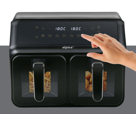 ALPINA DOUBLE XXL cvrtnik / friteza na vroč zrak, 8L, 2200W, 2x posoda, digital, časovnik / timer, sinhronizacija, samodejni izklop, brez olja, 80% manj maščob, črna