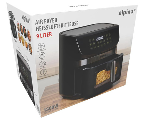 ALPINA XXL cvrtnik / friteza na vroč zrak, 9L, 1800W, digital, časovnik / timer, samodejni izklop, brez olja, 80% manj maščob, črna