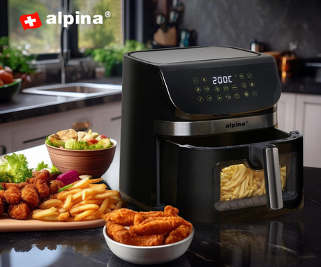 ALPINA XXL cvrtnik / friteza na vroč zrak, 9L, 1800W, digital, časovnik / timer, samodejni izklop, brez olja, 80% manj maščob, črna