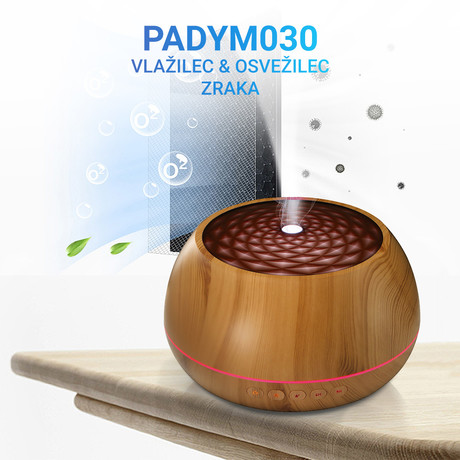 Platinet PADYM030 vlažilec zraka in razpršilec eteričnih olj, Ionizator, LED osvetlitev v 7. barvah, 1L, timer, svetla imitacija lesa