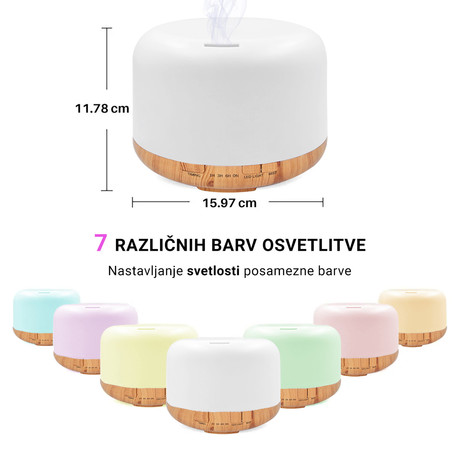 Platinet PDLAD12W vlažilec zraka in razpršilec eteričnih olj ULTRASONIC aromaterapija + LED osvetlitev v 6 barvah, lesen podstavek, bel