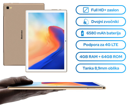 EOL - Tablični računalnik 10.1'' BlackView Tab 8, 4G-LTE, Octa-Core, 4GB/64GB/MicroSD, IPS FHD+ 1920x1200, Android 10, GPS, USB Type-C, Zlate barve (Gold)