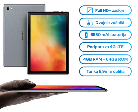 EOL - Tablični računalnik 10.1'' BlackView Tab 8, 4G-LTE, Octa-Core, 4GB/64GB/MicroSD, IPS FHD+ 1920x1200, Android 10, GPS, USB Type-C, Srebrna (Grey)