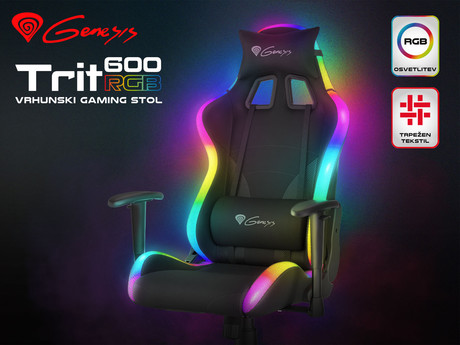 GENESIS gaming stol TRIT 600 RGB, ergonomski, RGB LED osvetlitev, popolnoma nastavljiv