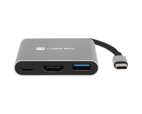 Natec FOWLER MINI adapter USB hub, 1x USB-A 3.0, 1x HDMI, 1x USB-C, max 4K UHD, 5GB/s, Plug&Play, Power Delivery, 60W, siv