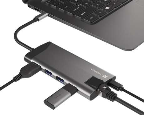 Natec FOWLER PLUS adapter USB hub, 3x USB-A 3.0, 1x HDMI, 1x Ethernet RJ-45, 1x USB-C, 1x SD/microSD, max 4K UHD, 5 GB/s, Plug&Play, Power Delivery 3.0, 100W, siv