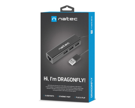 Natec DRAGONFLY adapter USB hub, 3x USB-A 2.0, 1x Ethernet RJ-45, 480MB/s, Plug&Play, črn