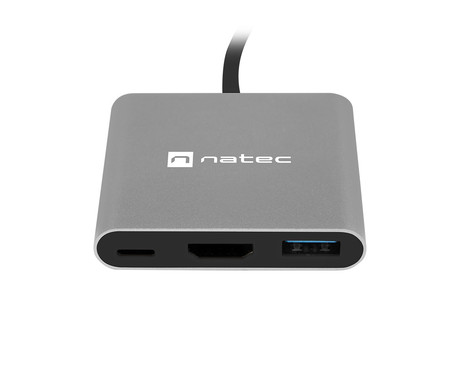 Natec FOWLER MINI adapter USB hub, 1x USB-A 3.0, 1x HDMI, 1x USB-C, max 4K UHD, 5GB/s, Plug&Play, Power Delivery, 60W, siv