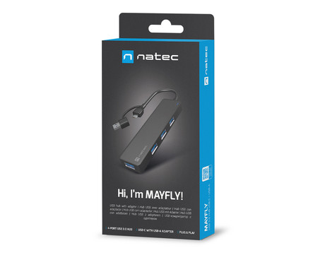 Natec MAYFLY adapter USB hub, 4x USB-A 3.0, USB-C ali USB-A konektor, 5 GB/s, Plug&Play, črn