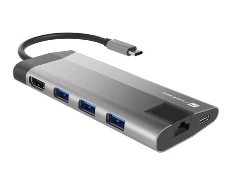 Natec FOWLER PLUS adapter USB hub, 3x USB-A 3.0, 1x HDMI, 1x Ethernet RJ-45, 1x USB-C, 1x SD/microSD, max 4K UHD, 5 GB/s, Plug&Play, Power Delivery 3.0, 100W, siv